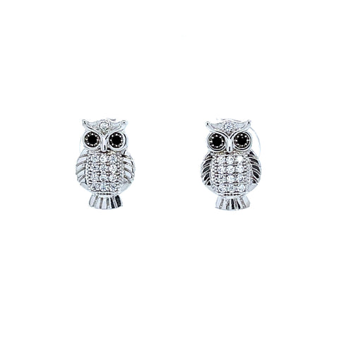 Adorned with small, sparkling crystals, the Cute Owl Zirconia Stones Stud Earrings are crafted from white gold filled and feature exquisite detailing. Each owl has finely detailed wings, a round body decorated with zirconia stones, and striking black gemstone eyes. The earrings are displayed against a simple white background.